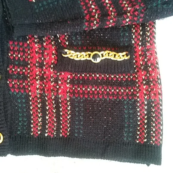 Just for Petites Plaid Chain Link Cardigan Sweater PM Black Red - Picture 10 of 16